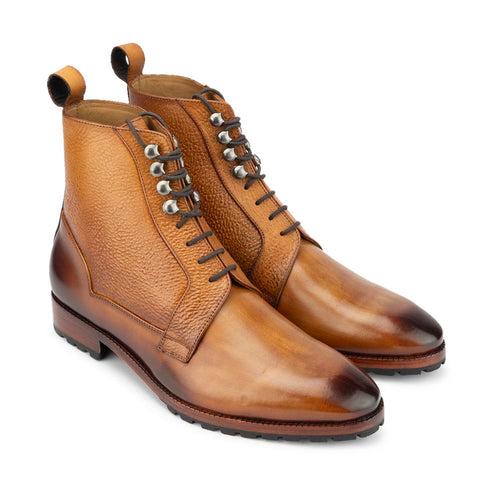 Tan Mirror Glossed Derby Boots with Grain Leather Detail