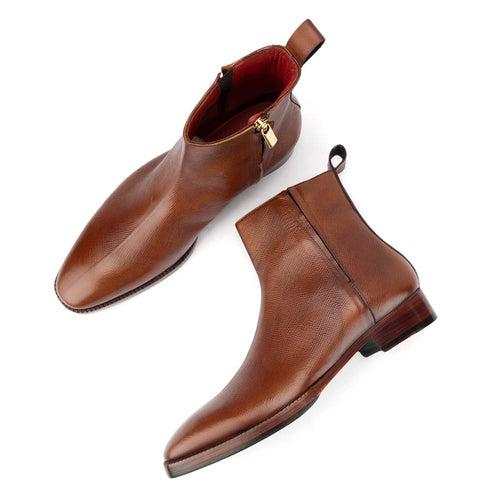 Tan Mirror Glossed Hatch Grain Zip Boots