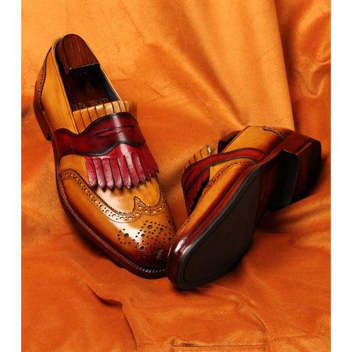 Tan Mirror Glossed Patina Loafers with Burgundy Pink Kiltie