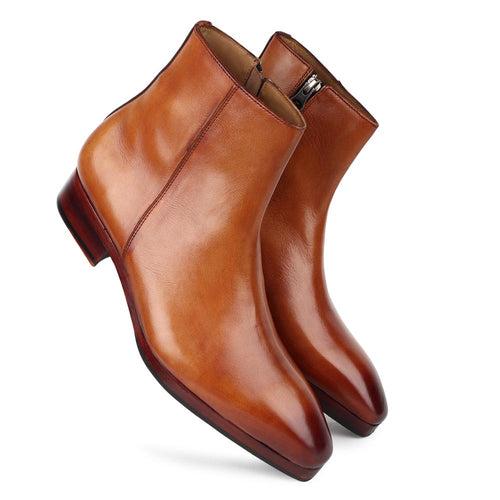 Tan Mirror Glossed Patina Square Toe Zip Boots