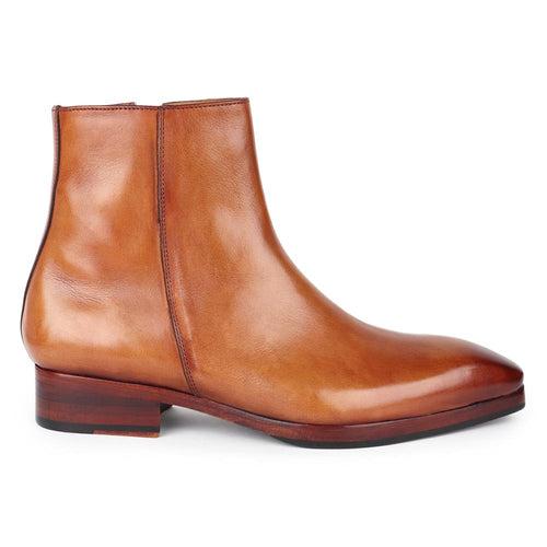 Tan Mirror Glossed Patina Square Toe Zip Boots