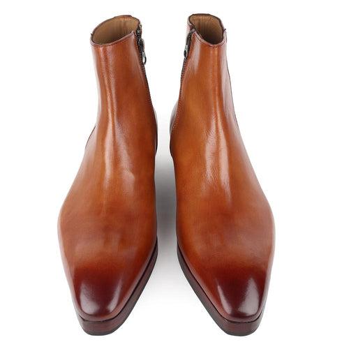 Tan Mirror Glossed Patina Square Toe Zip Boots