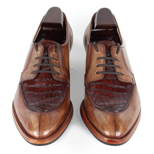 Wooden Brown Mirror Glossed Patina with Croco Detail + Cuban Stacked Heel