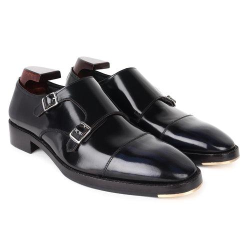 Black Brushed Double Monks with Blue Brushed Captoe + Metal Toe Plate