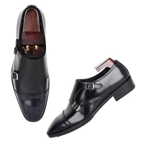 Black Brushed Double Monks with Blue Brushed Captoe + Metal Toe Plate