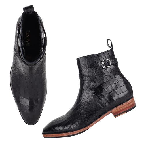 Black Croco Mirror Glossed Jodhpur Boots