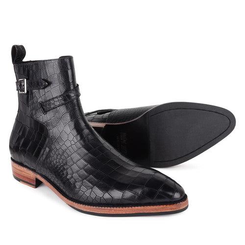 Black Croco Mirror Glossed Jodhpur Boots