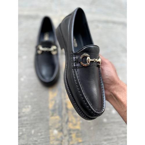 Black Mirror Glossed Modern Buckle Moccasins