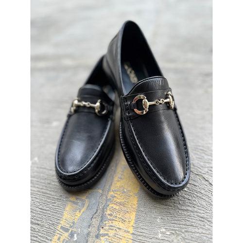 Black Mirror Glossed Modern Buckle Moccasins