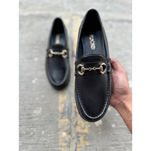 Black Mirror Glossed Modern Buckle Moccasins