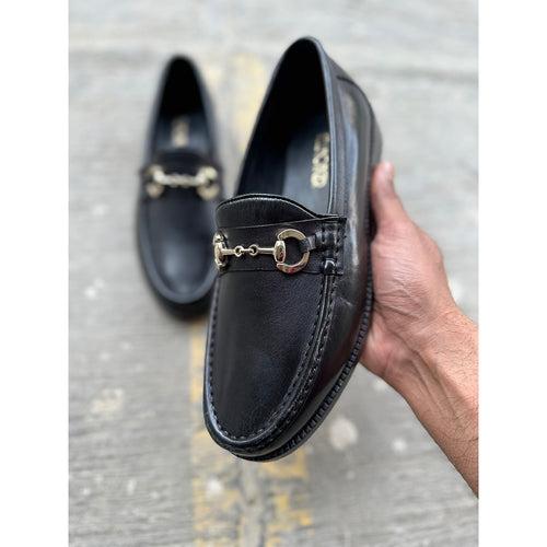 Black Mirror Glossed Modern Buckle Moccasins