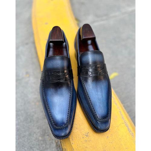 Blue Mirror Glossed Washed Patina Square Toe Penny Croco Saddle Loafers