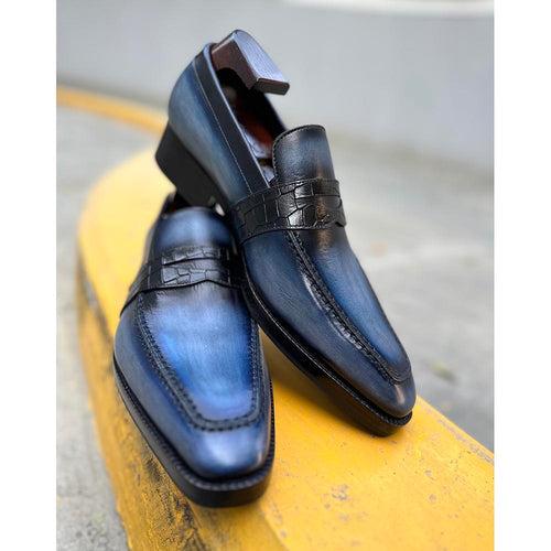 Blue Mirror Glossed Washed Patina Square Toe Penny Croco Saddle Loafers