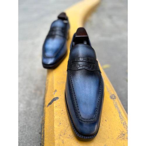 Blue Mirror Glossed Washed Patina Square Toe Penny Croco Saddle Loafers