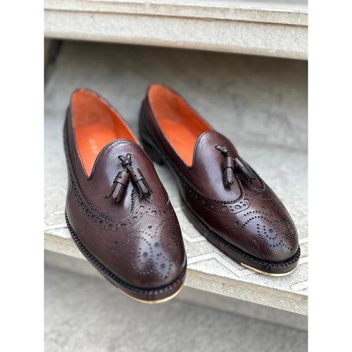 Brown Mirror Glossed Hatch Grain Short Tounge Tassel Loafer with Metal Toe