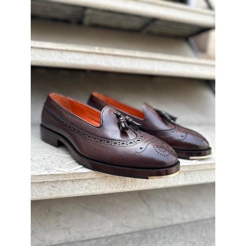 Brown Mirror Glossed Hatch Grain Short Tounge Tassel Loafer with Metal Toe