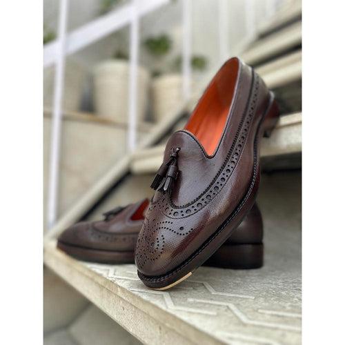 Brown Mirror Glossed Hatch Grain Short Tounge Tassel Loafer with Metal Toe