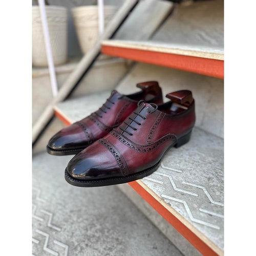 Burgundy Washed Patina Mirror Glossed Captoe Punched Oxford