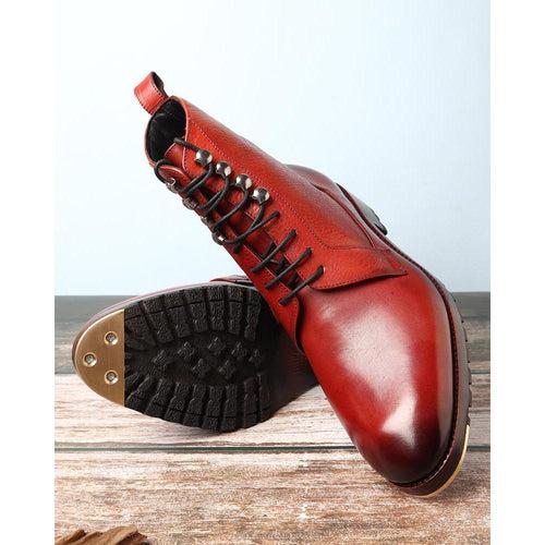 Cognac Glossed Derby Tank Boots with Metal Toe Plate + Commando Sole