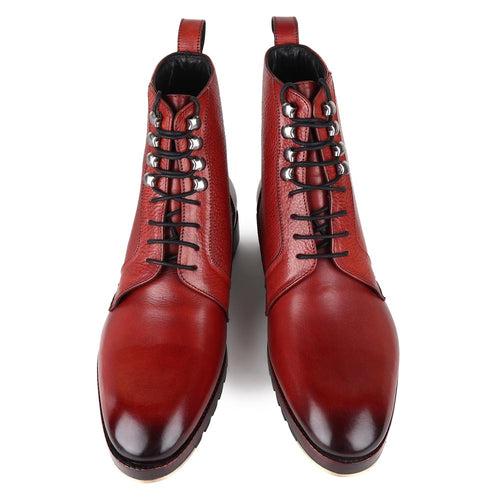 Cognac Glossed Derby Tank Boots with Metal Toe Plate + Commando Sole