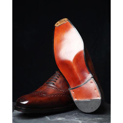 Cognac Glossed Patina Goodyear Welted Square toe Wingtips with Fiddle Back sole + Metal Toe Plate