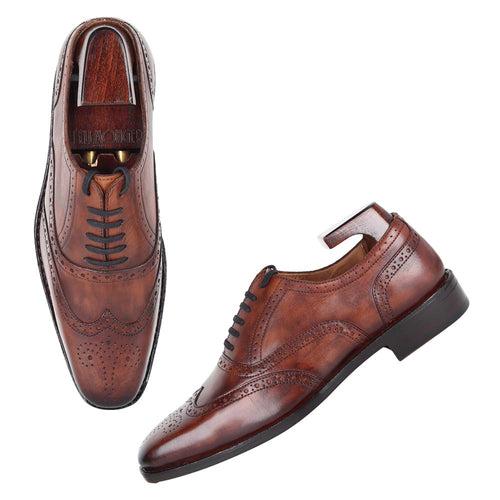 Cognac Glossed Patina Goodyear Welted Square toe Wingtips with Fiddle Back sole + Metal Toe Plate