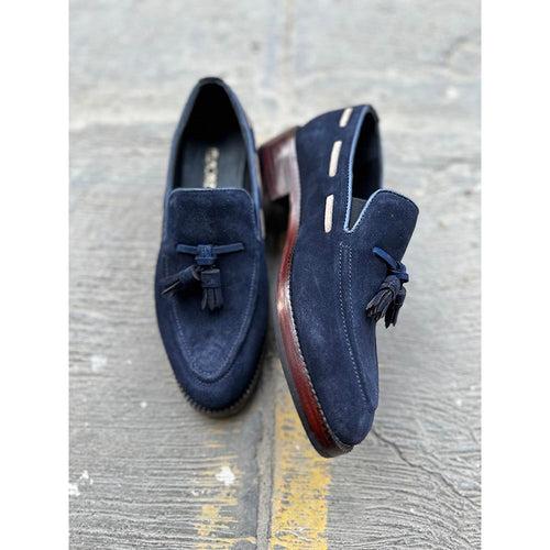 Navy Blue + Cream Suede Tassel Loafers