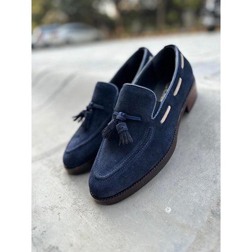 Navy Blue + Cream Suede Tassel Loafers