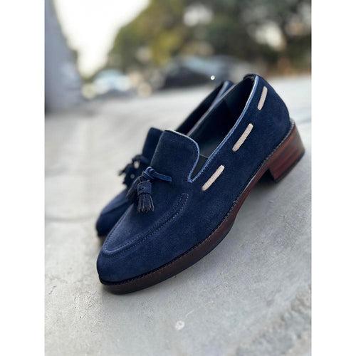 Navy Blue + Cream Suede Tassel Loafers