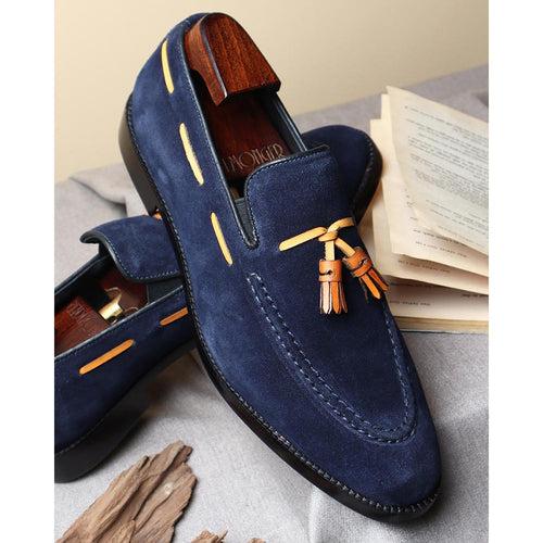 Navy Suede With Tan Tassel Classic Loafers