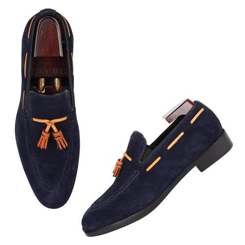 Navy Suede With Tan Tassel Classic Loafers