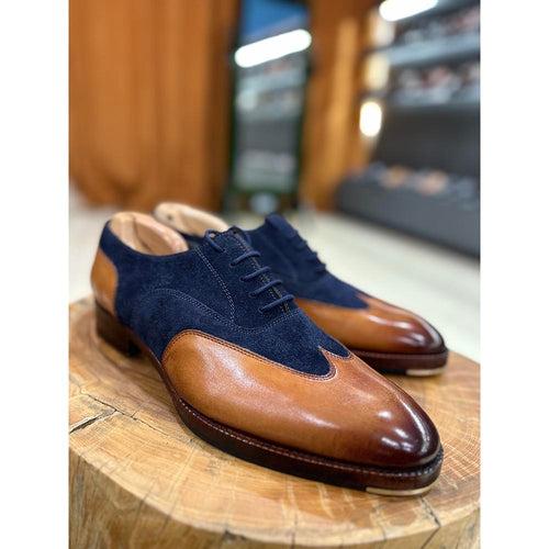 Tan + Navy Suede Stitch Detail Wingtip Oxford