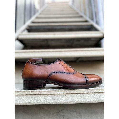 Tan Mirror Glossed Patina Burnished Classic Captoe Oxfords