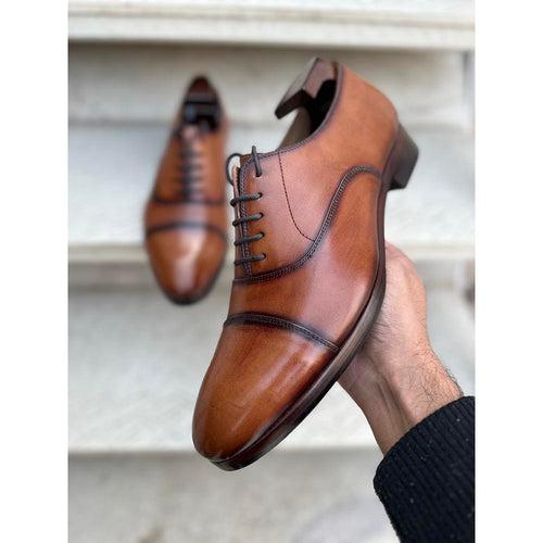 Tan Mirror Glossed Patina Burnished Classic Captoe Oxfords