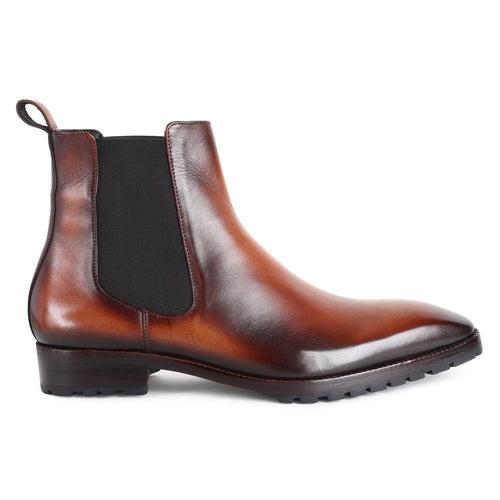 Tan Mirror Glossed Patina Chelsea Boots with Chisel Toe