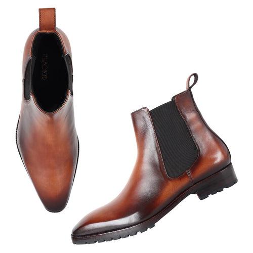 Tan Mirror Glossed Patina Chelsea Boots with Chisel Toe