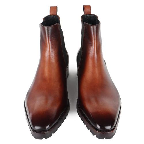 Tan Mirror Glossed Patina Chelsea Boots with Chisel Toe