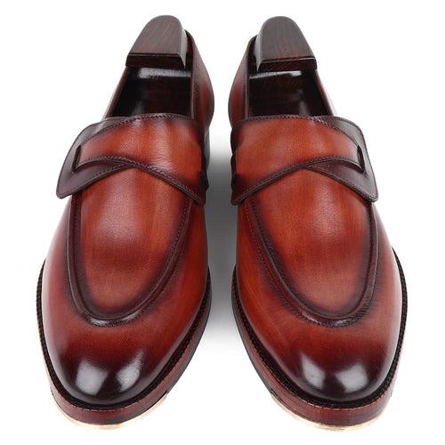 Tan Mirror Glossed Washed Patina Butterfly Loafers + Metal Toe