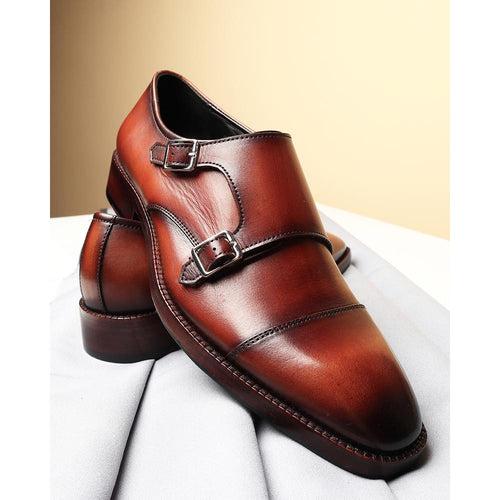 Tan MirrorGlossed Patina Classic Double Monk with Chisel Toe