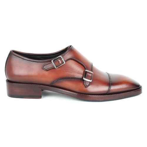 Tan MirrorGlossed Patina Classic Double Monk with Chisel Toe