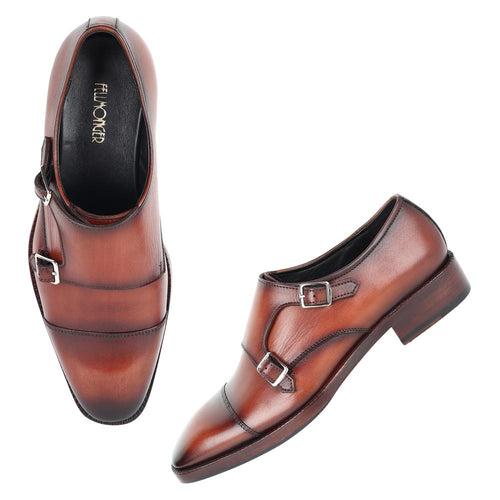 Tan MirrorGlossed Patina Classic Double Monk with Chisel Toe