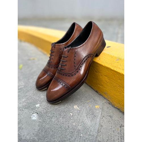 Tan Washed Patina Mirror Glossed Captoe Punched Oxford