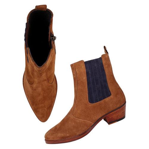 Tan Suede With Blue Elastic Detail Zip Cowboy Boot