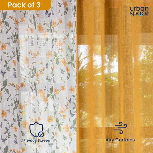 Sheer Curtains Combo, Set of 3 curtains, 35-40% Room Darkening Decorative Curtains - Floral Yellow & Yellow