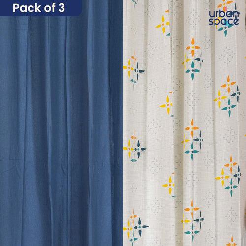 Cotton Curtains Combo, Set of 3 curtains, 60-65% Room Darkening Curtain - Blue & Aura Indigo