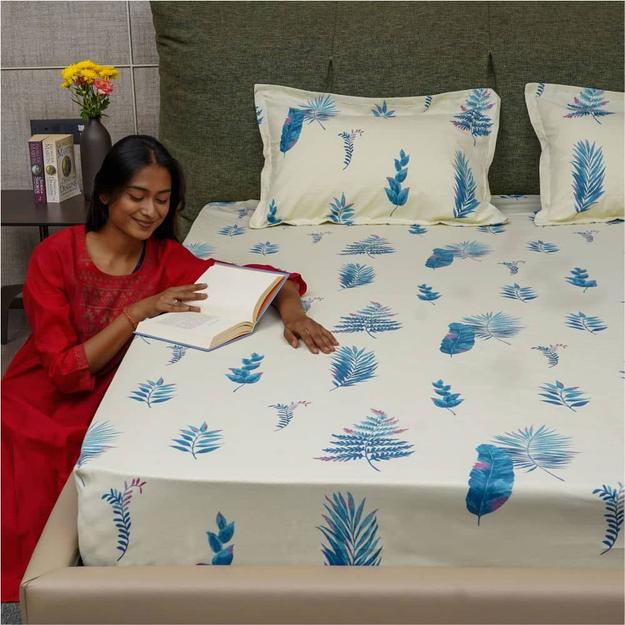 Serene Collection - Breathable 200 TC 100% Pure Cotton Single Bedsheet with Pillow Cover, Fall Leaves - Milk White