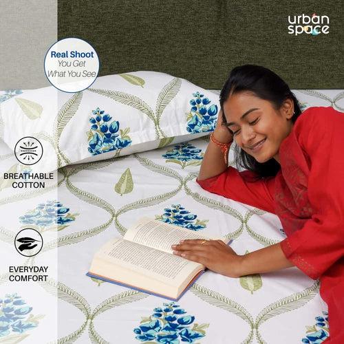 Serene Collection - Breathable 200 TC 100% Pure Cotton Bedsheet with Pillow Cover, Floral Moroccan - Blue