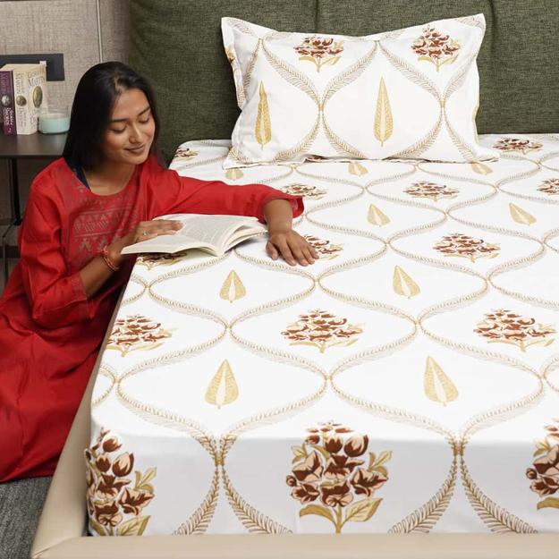 Serene Collection - Breathable 200 TC 100% Pure Cotton Single Bedsheet with Pillow Cover, Floral Moroccan - Brown