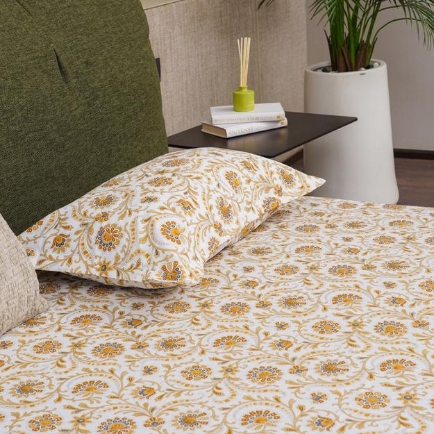 Serene Collection - Breathable 200 TC 100% Pure Cotton Single Bedsheet with Pillow Cover, Guldaudi Floral - Brown