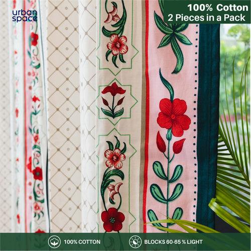 100% Cotton Room Darkening Curtains, Pack of 2 Curtains - Hibiscus Bloom Border Pink